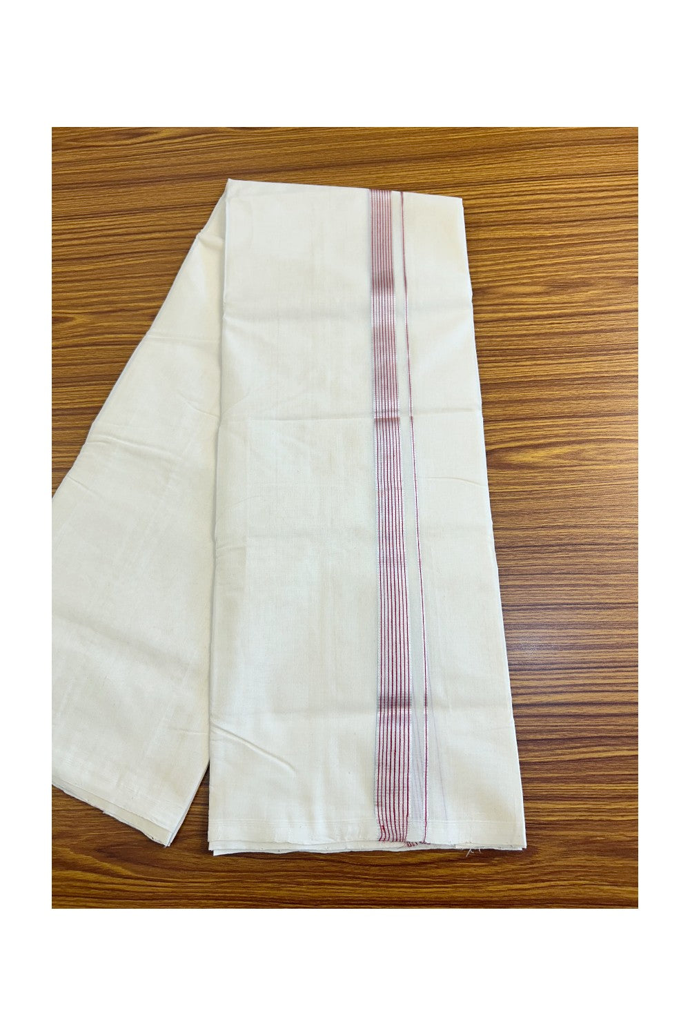 15% DISCOUNT!! KaithariKada HANDLOOM UNAKKUPAAV Balaramapuram - 100% PURE Cotton OFF White (Unbleached) Double Mundu/Dothi -  Red & Silver kasavu Striped kara - 1KK458SOM