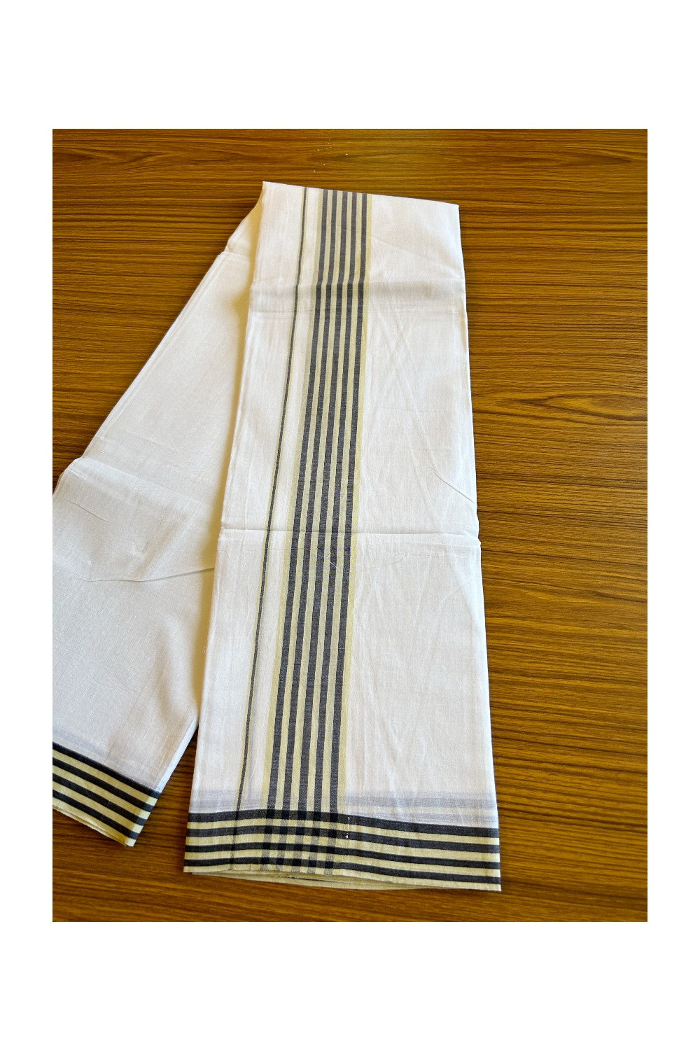 29% DISCOUNT! KaithariKada Balaramapuram 100% Cotton Ultra WHITE Double Mundu/Dhoti-100x100 2.5 inch Light Yellow & Black Stripes Cotton kara 3.70m- 1KK493RAM