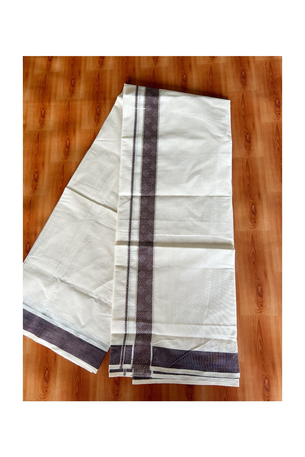 KaithariKada Balaramapuram 100% Cotton off white Double Mundu/Dhoti - 100X100 Silver kasavu & Brown designer kara - 1KK5003PMC