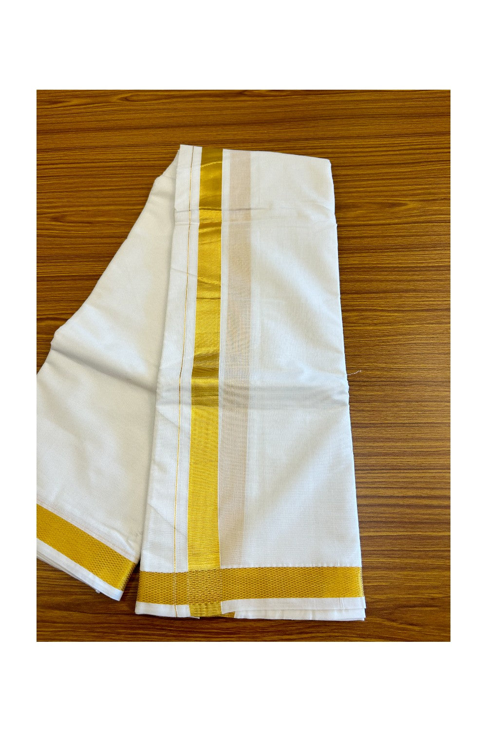 15% DISCOUNT! KaithariKada Cotton Mix PURE White - 80x80 thread - 80% Cotton & 20% Polyester - NORTH INDIAN  ATTACHED GAMCHA 9X5 Dhoti - KASAVU 1.25 inch Border - 1KK5008PMC