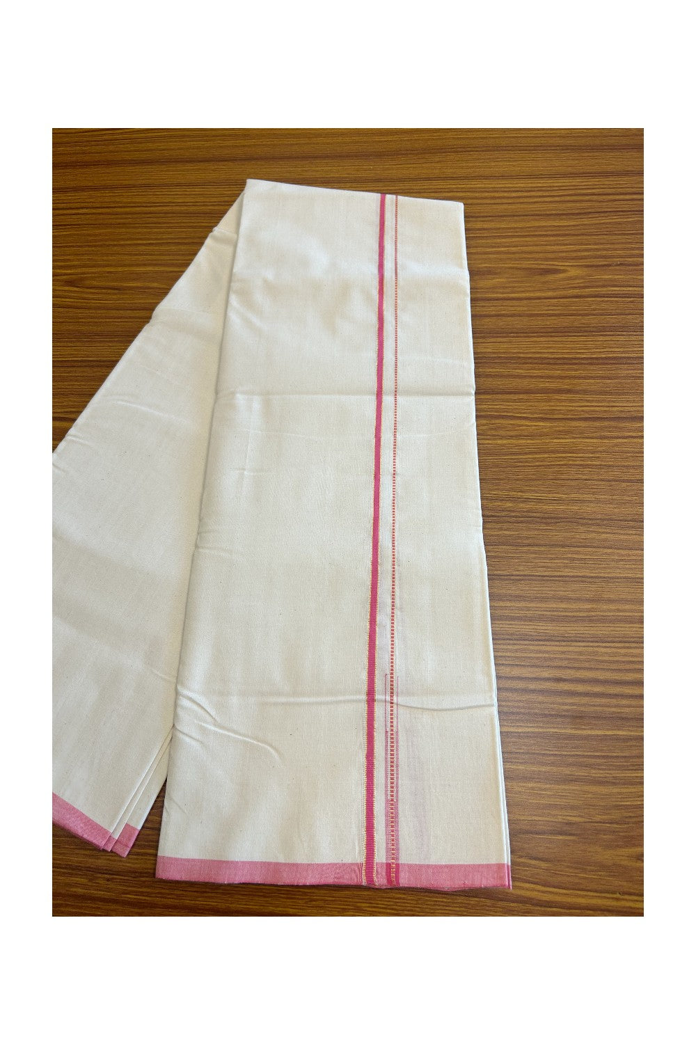 SIGNATURE KAITHARIKADA EXCLUSIVE SINGLE DHOTI - 100% Cotton Balaramapuram HANDLOOM Single Mundu/Dhoti - Off White - (Unbleached) 0.25 Inch Muthukuri Pink & KASAVU Chutty Kara- 1KK5010KAI