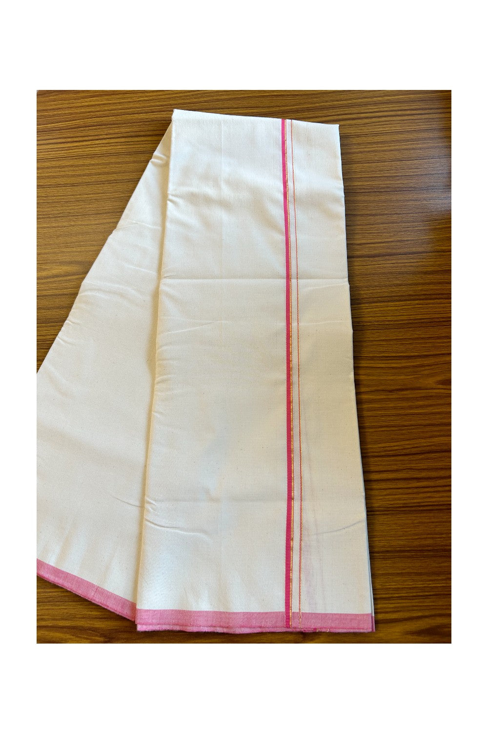 SIGNATURE KAITHARIKADA EXCLUSIVE SINGLE DHOTI - 100% Cotton Balaramapuram HANDLOOM Single Mundu/Dhoti - Off White - (Unbleached) 0.5 inch Pink & Gold Kasavu Kara- 1KK5013KAI