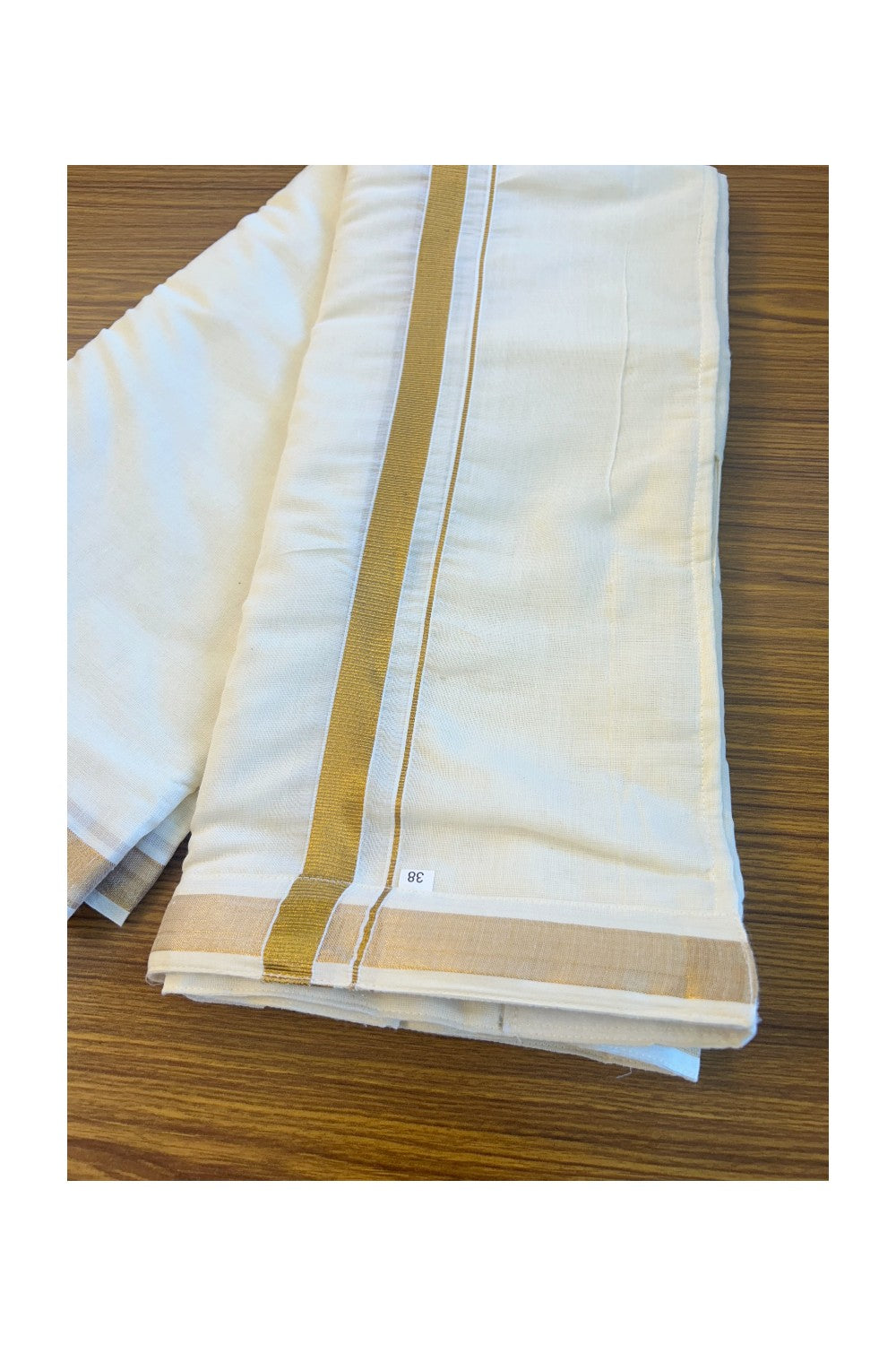 KaithariKada Balaramapuram 100% Pure Cotton SINGLE Off white VELCRO Mundu/Dhoti  - 1.5inch Gold Kasavu kara - 1KK5016KK