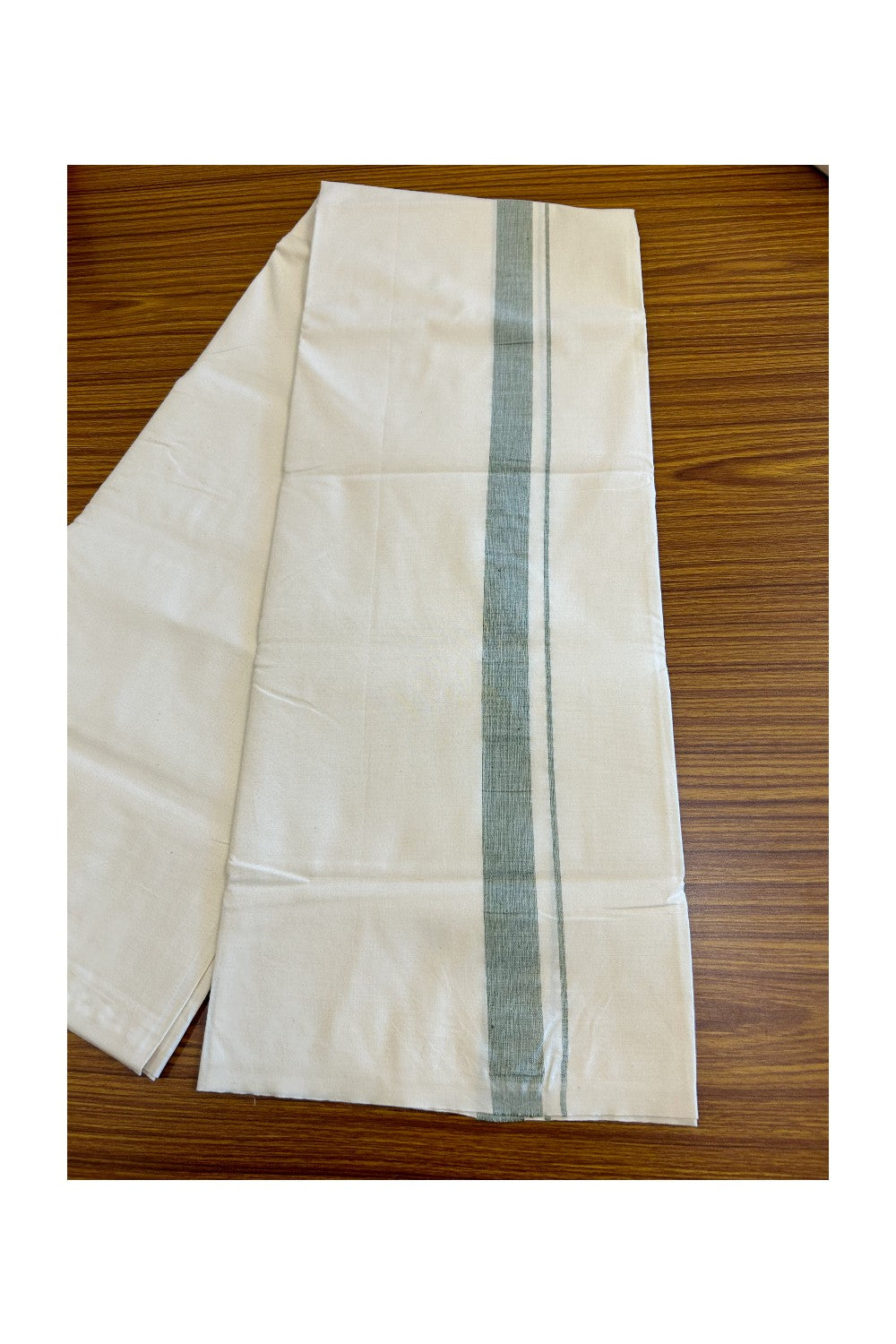 14% DISCOUNT ! KaithariKada Balaramapuram 100% COTTON SINGLE OFF WHITE Mundu/Dhoti-Twisted 100s Thread- 1.5 inch Shaded Green Kara- 1KK5019ASH