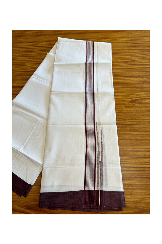 Kaitharikada  Balaramapuram 100% Pure Cotton PURE WHITE Double Mundu/Dothi - 80x92 -1.5 Inch  Maroon & Silver striped Chutty kara - 1KK5022VAN