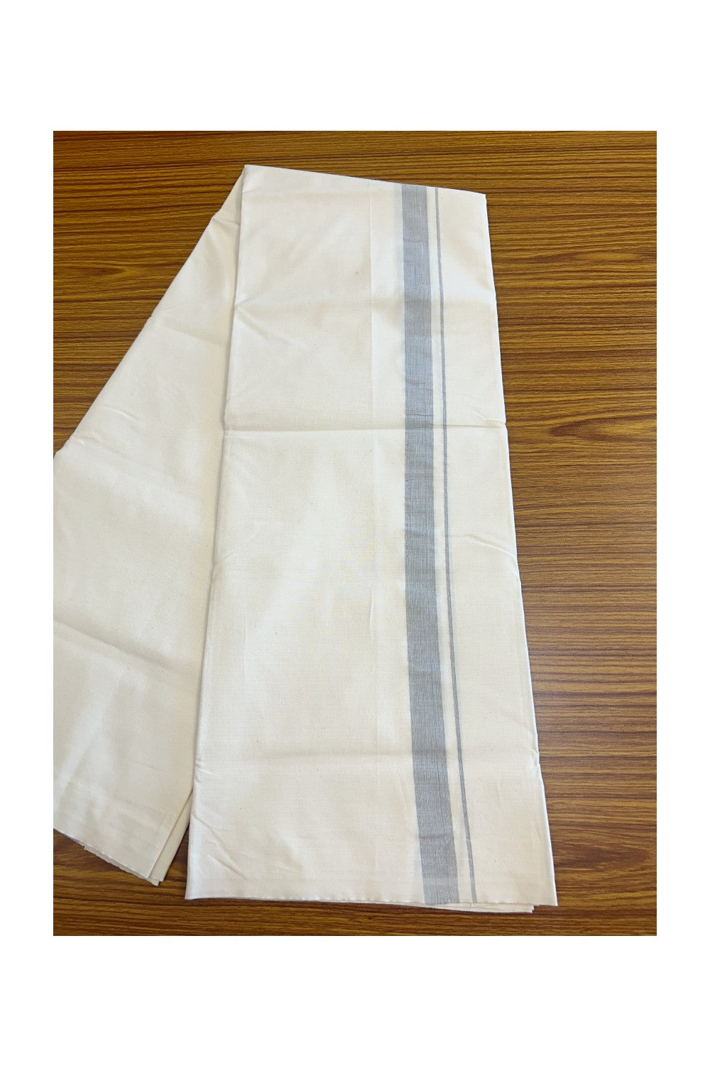 20% DISCOUNT ! KaithariKada Balaramapuram 100% COTTON SINGLE OFF WHITE - (Unbleached) Mundu/Dhoti-Twisted 100s Thread- 1.5 inch Shaded Ash Grey Kara (2 metre / 4 muzham)- 1KK5030ASH