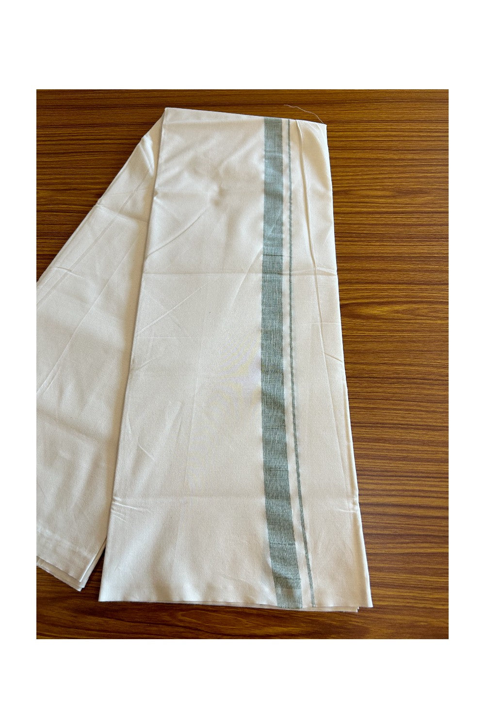 13% DISCOUNT ! KaithariKada Balaramapuram 100% COTTON SINGLE OFF WHITE - (Unbleached) Mundu/Dhoti-Twisted 100s Thread- 1.5 inch Shaded Green Kara- 1KK5036ASH