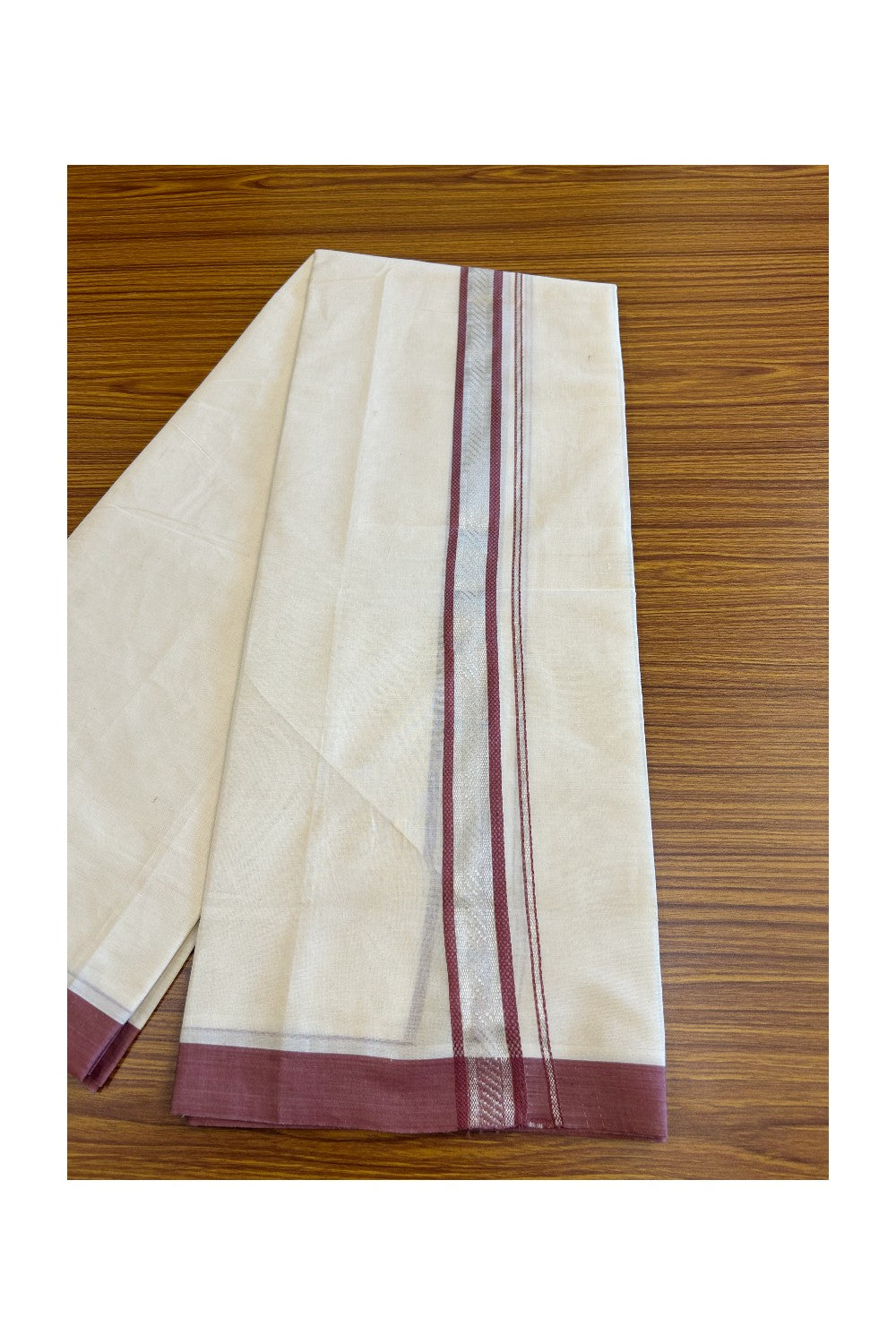 5% Discount!!! KaithariKada Balaramapuram  Double Off white - (Unbleached) Mundu/Dhoti - 80X90 - 2.25 inch SILVER  KASAVU & Dusty maroon pattern Kara - 1KK5037KAI