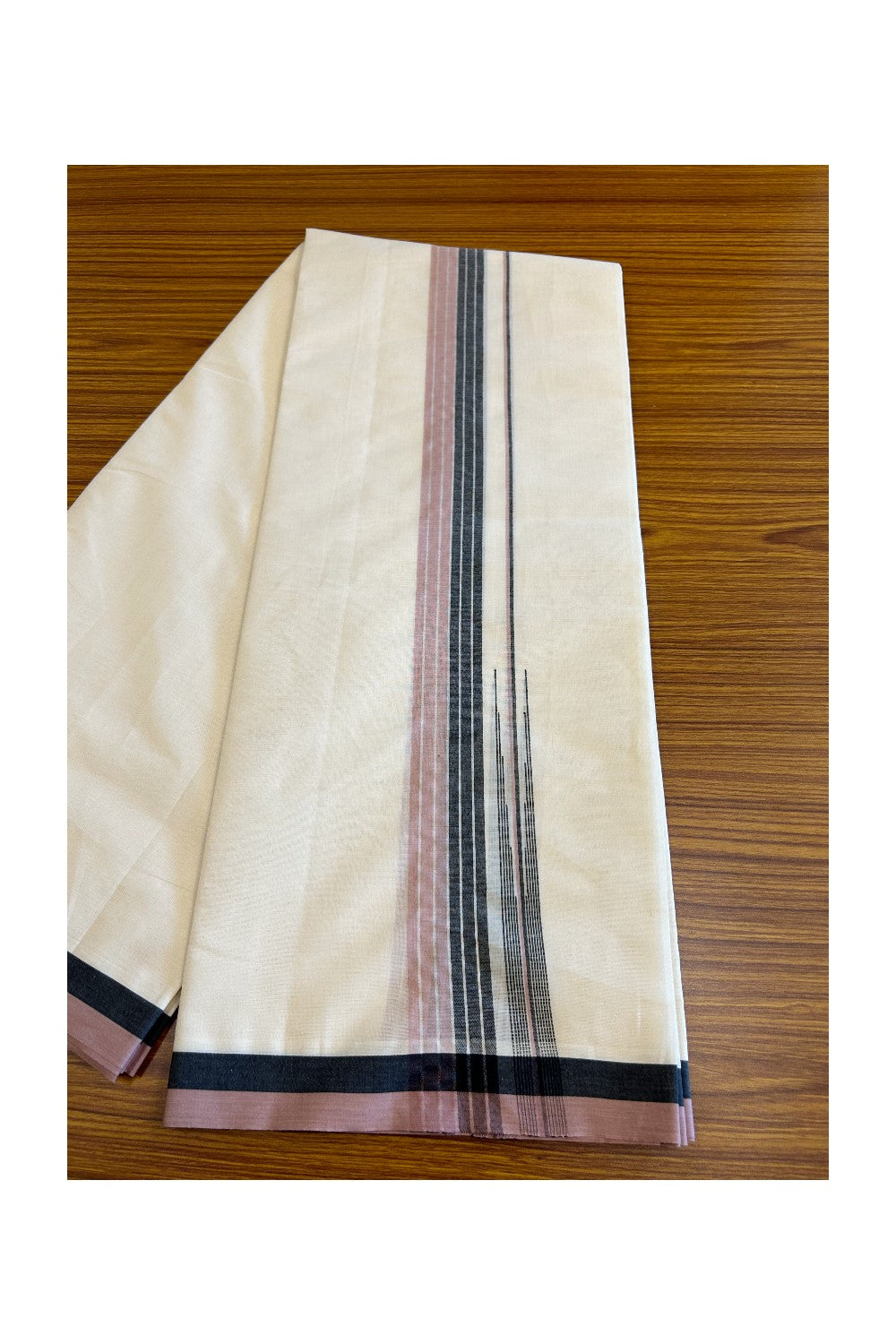 5% Discount!!! KaithariKada Balaramapuram  Double Off white - (Unbleached) Mundu/Dhoti - 80X90 - 1.75 inch Black Pink & Silver Striped puliyilakkara chutty Striped Kara- 15KK5037KAI