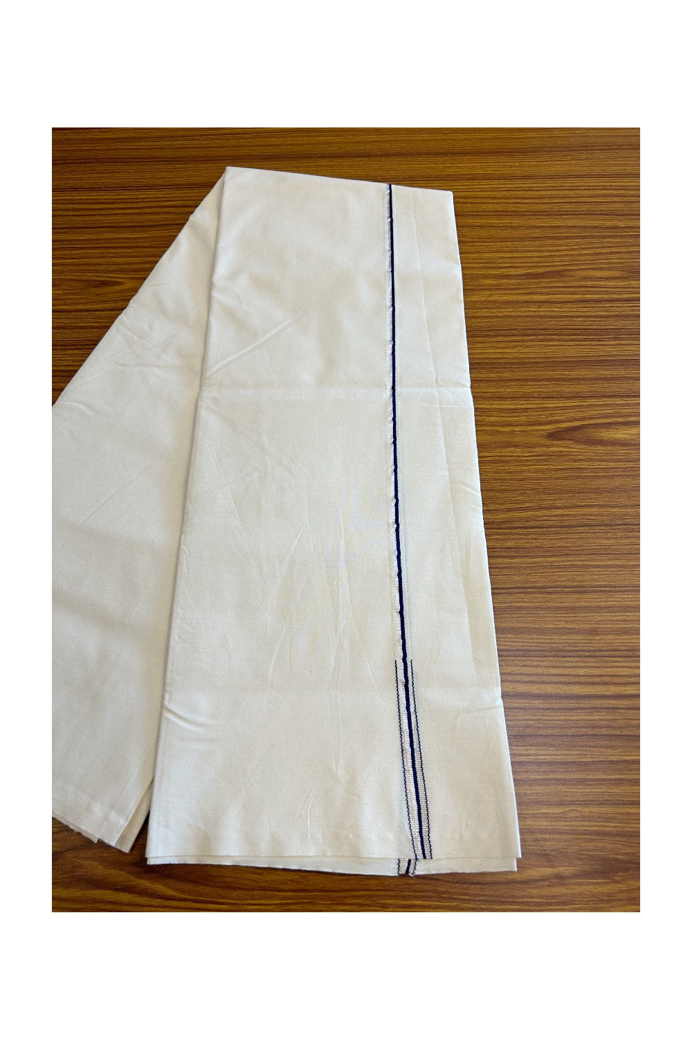 20% Discount!! KaithariKada Balaramapuram 100% COTTON SINGLE OFF WHITE - (Unbleached) Mundu/Dhoti - 100X100 - 0.5 Inch Dark Blue & Silver Puliyilakkara Chutty - 1KK5039ASH