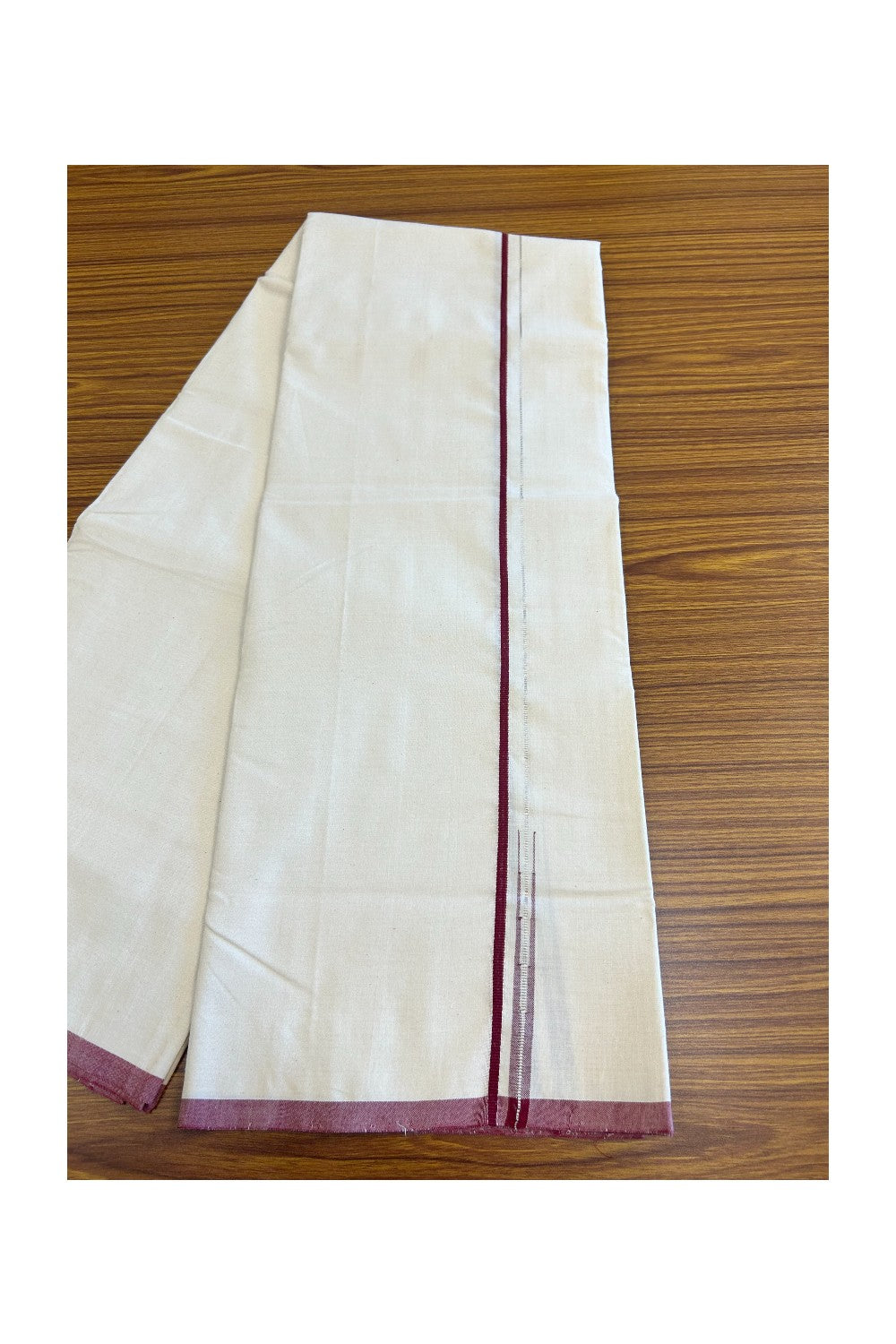 SIGNATURE KAITHARIKADA EXCLUSIVE SINGLE DHOTI - 100% Cotton Balaramapuram HANDLOOM Single Mundu/Dhoti - Off White - (Unbleached) 0.5 cm Maroon & Silver KASAVU Chutty Kara - 1KK5040KAI