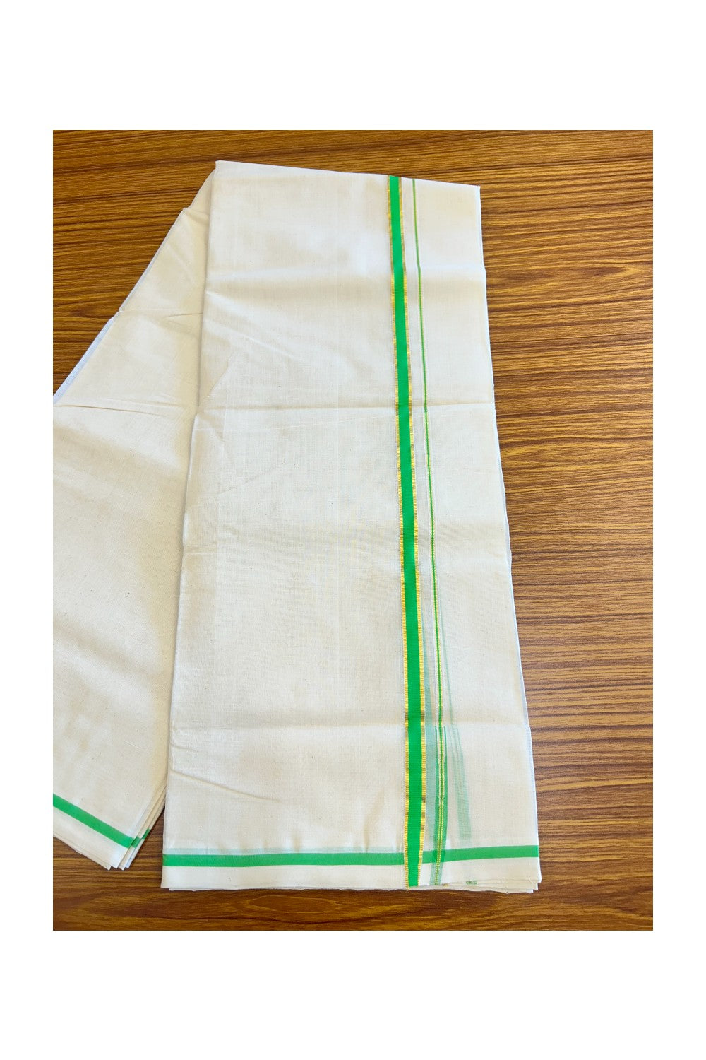 15% DISCOUNT! KaithariKada HANDLOOM Millpaav Balaramapuram - 100% PURE Cotton off white (Unbleached) Double Mundu/Dhoti -  1.cm Chutty Puliyilakkara Fluorescent Green & Kasav-129