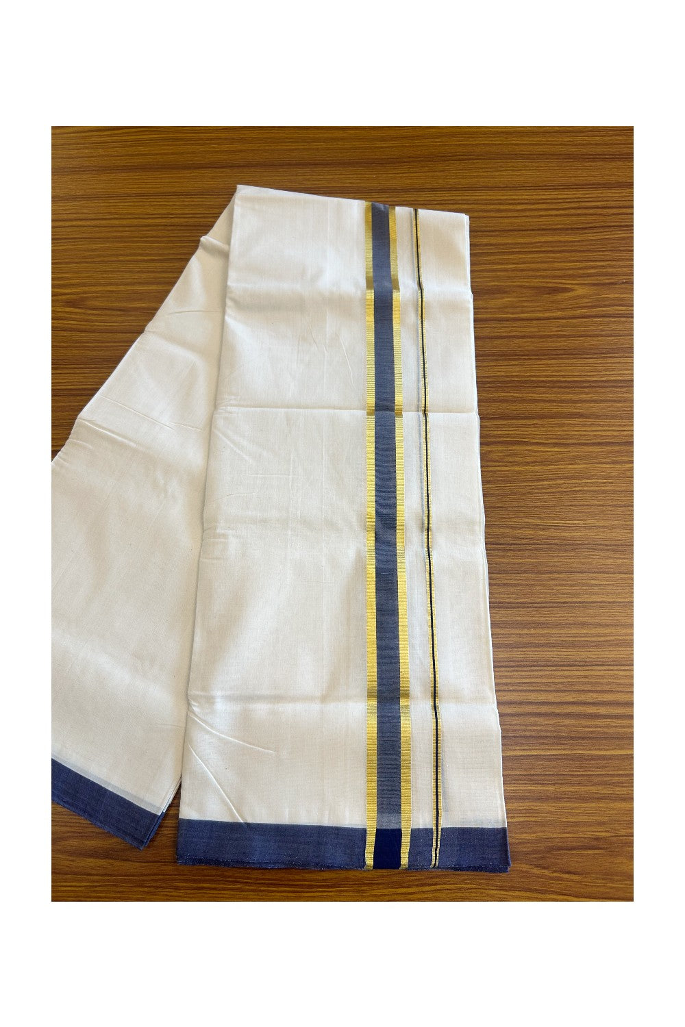 21% Discount KaithariKada HANDLOOM Unakkupaav Balaramapuram - 100% PURE Cotton Off White (Unbleached) - 100x100 Double Mundu/Dhoti -  1.inch Gold Kasavu Navy Blue Kara- 89