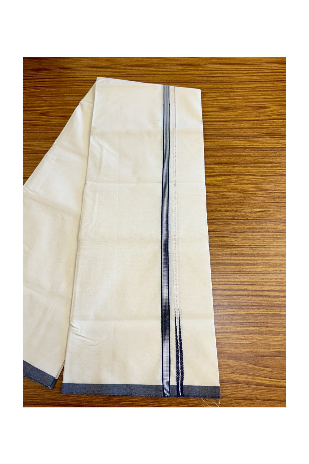 20% Discount!! KaithariKada Balaramapuram 100% COTTON SINGLE OFF WHITE - (Unbleached) Mundu/Dhoti - 100X100 - 0.5 Inch Navy Blue Striped Silver Puliyilakkara Chutty - 1KK5045ASH