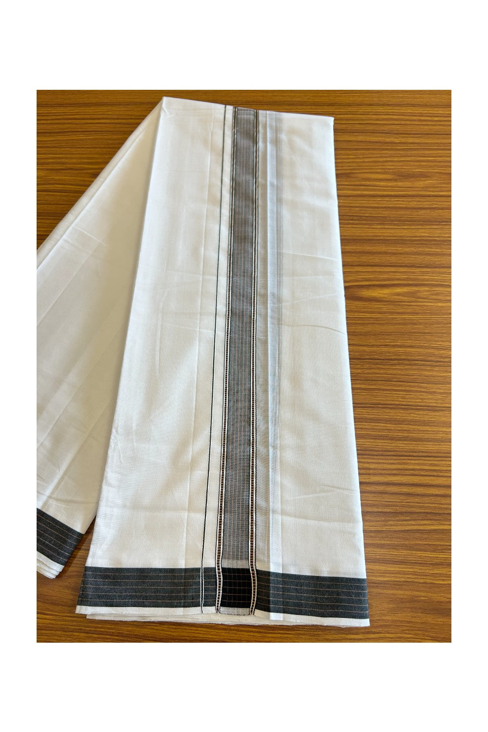 19% Disocunt! NEW PURE WHITE HANDLOOM UNAKKUPAAV Balaramapuram - 100% Cotton Double Pure White - Mundu/Dhoti - 100x100 1.75 inch BLACK & BROWN Silver Kasavu Striped Kara 3.94 mtrs - 1KK5047REA