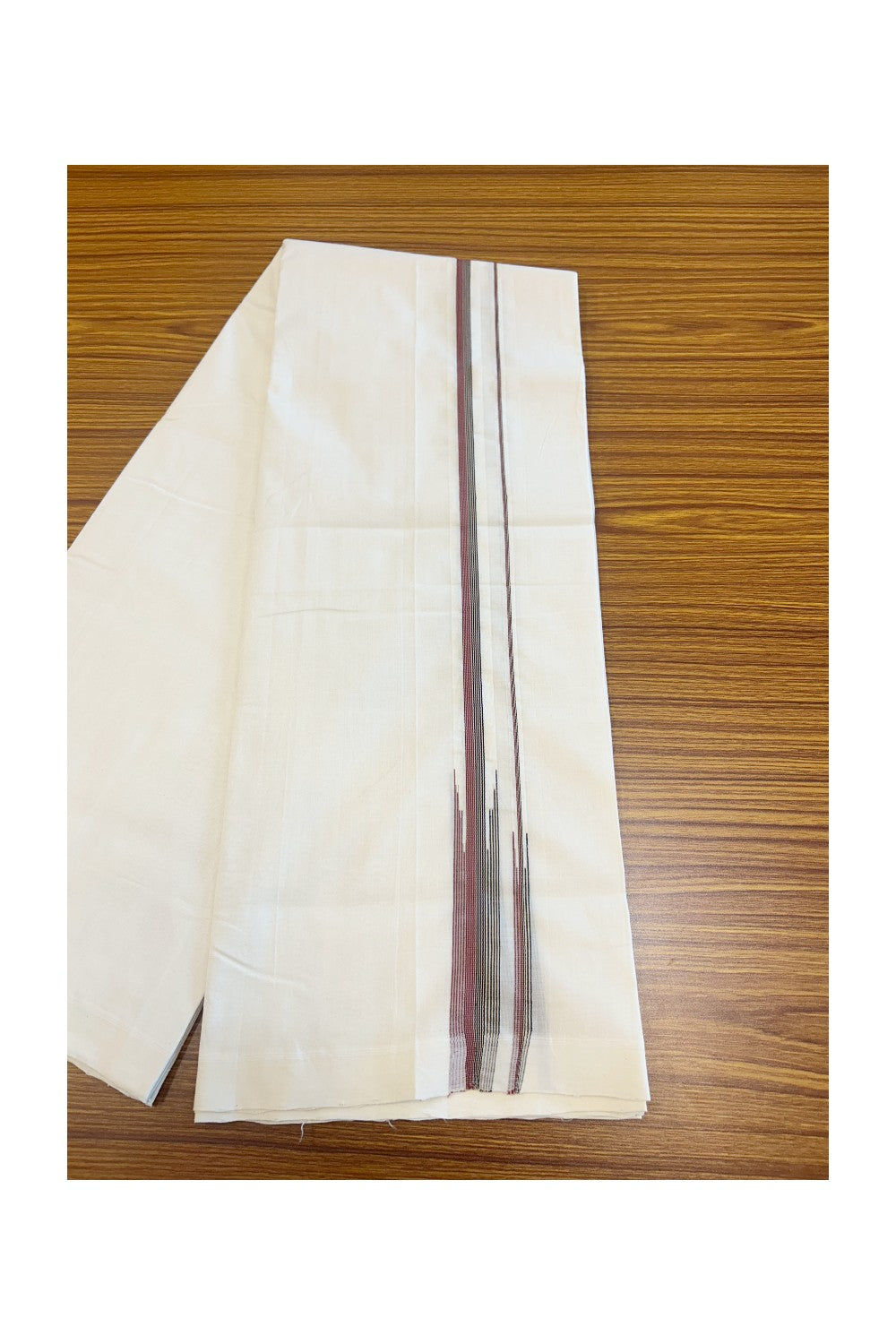 26% DISCOUNT!! KaithariKada HANDLOOM  UNAKKUPAAV Balaramapuram - 100% PURE Cotton OFF White - (Unbleached) Double Mundu/Dothi - 1 inch Puliyilakkara chutty Maroon Brown & Black  -1KK5049REA