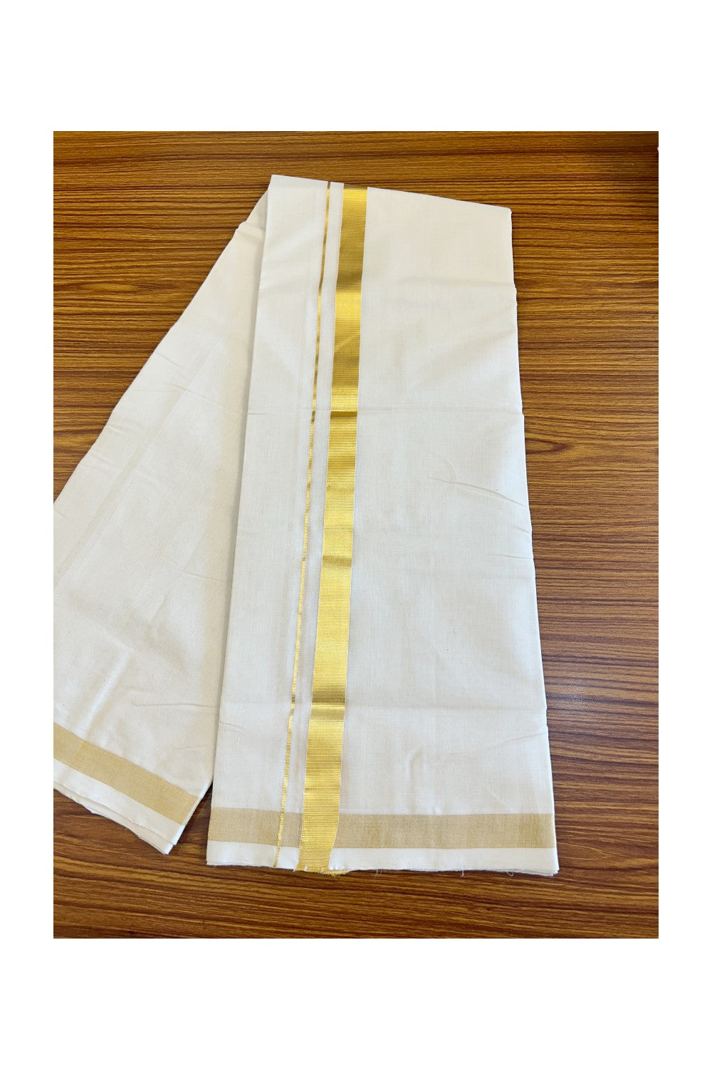 15% Discount!!! KaithariKada HANDLOOM UNAKKUPAAV Balaramapuram - 100% PURE Cotton off white Double Mundu/Dhoti - 1.75 inch Kasavu Kara - 1KK504RAM