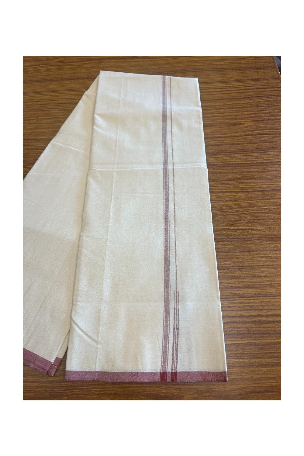 SIGNATURE KAITHARIKADA EXCLUSIVE SINGLE DHOTI - 100% Cotton Balaramapuram HANDLOOM Single Mundu/Dhoti - Off White - (Unbleached) - 1 cm Maroon & KASAVU Chutty Kara- 1KK5050KAI