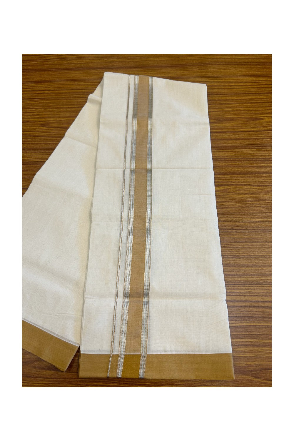 21% Discount KaithariKada HANDLOOM Unakkupaav Balaramapuram - 100% PURE Cotton Off White - 100x100 Double Mundu/Dhoti - 2.25 inch Silver Kasavu Stripes Light Brown Kara- 221