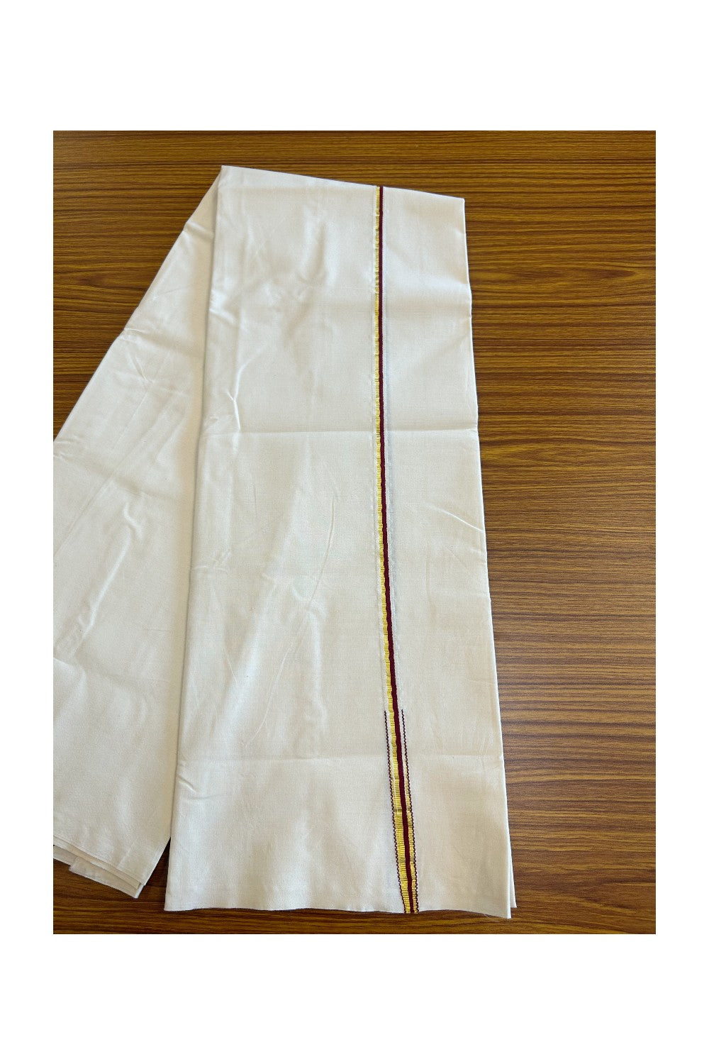 19% Discount!! KaithariKada Balaramapuram 100% COTTON SINGLE OFF WHITE - (Unbleached) Mundu/Dhoti - 100X100 - 0.5 Inch Maroon & Gold Kasav Puliyilakkara Chutty - 1KK5055ASH