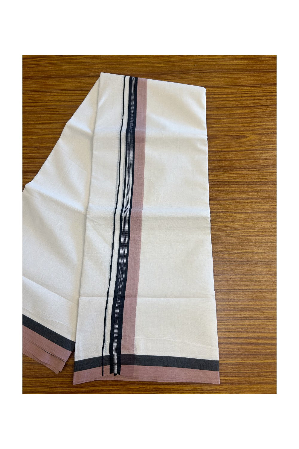 19% Discount!!! KaithariKada Balaramapuram PURE WHITE Double  Mundu/Dhoti - 80X90 - 2 inch  Dusty Rose  & Black pattern kara 3.85 meters - 1KK5058GUN