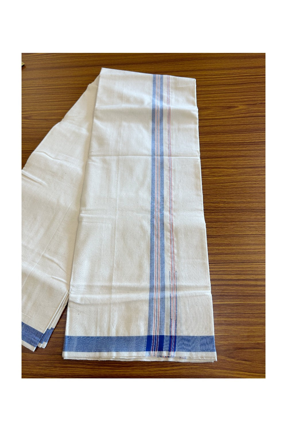 32% Discount ! KaithariKada 100% Cotton Balaramapuram HANDLOOM Single Mundu/Dhoti - Off White (Unbleached) 1.Inch Blue & Red Stripes Kasavu Puliyilakkara Chutty- KAIR04.