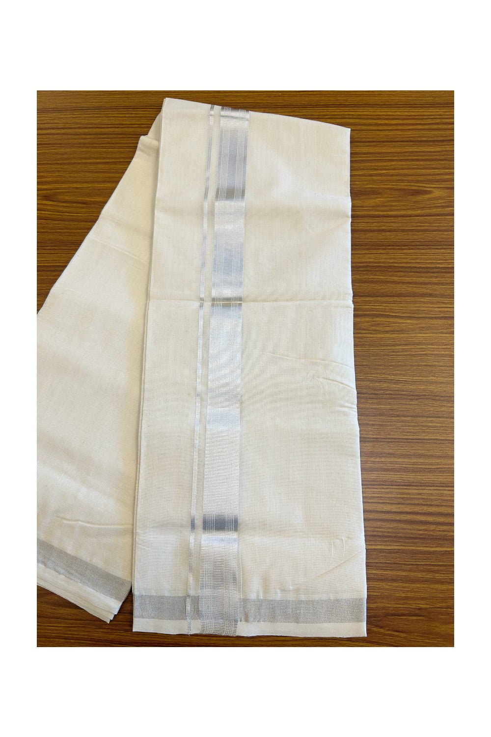 25% DISCOUNT ! KaithariKada HANDLOOM Millpaav Balaramapuram - 100% PURE Cotton Off White (Unbleached) Double Mundu/Dhoti - Silver KASAVU Stripes Design-5KK43RAN.