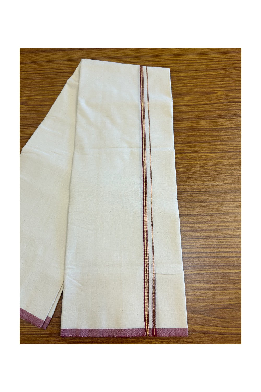 SIGNATURE KAITHARIKADA EXCLUSIVE SINGLE DHOTI - 100% Cotton Balaramapuram HANDLOOM Single Mundu/Dhoti - Off White - (Unbleached) 1 cm Maroon & KASAVU Striped Chutty Kara- 1KK5075KAI