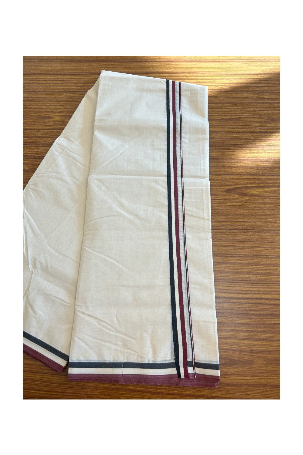 19% DISCOUNT! KaithariKada 100% Cotton off white Double - (Unbleached) Mundu/Dhoti - 100X100 - 1.25 inch Black White & Maroon kara - 1KK5076ASH