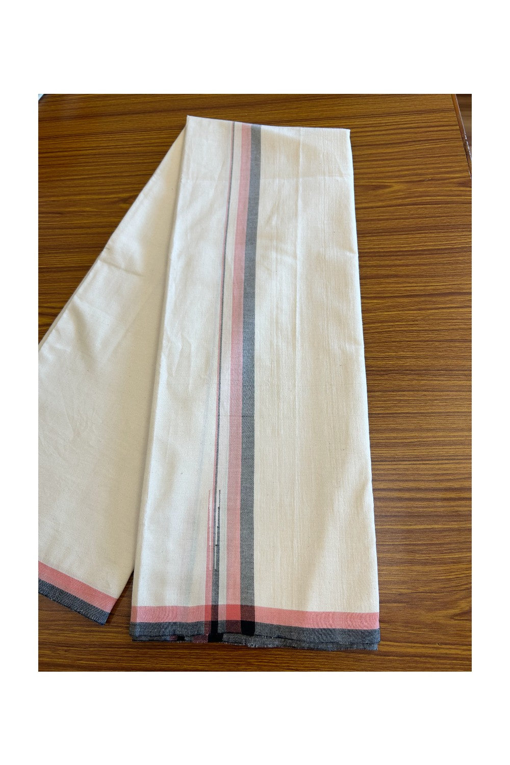 SIGNATURE KAITHARIKADA EXCLUSIVE SINGLE DHOTI - 100% Cotton Balaramapuram HANDLOOM Single Mundu/Dhoti - Off White - (Unbleached) 1 inch Peach & Black Chutty Kara- 1KK5078KAI