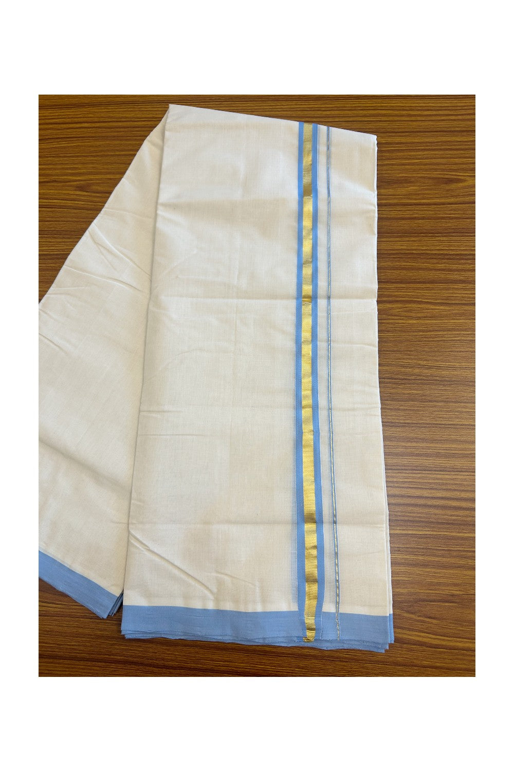 19% Discount !! KaithariKada HANDLOOM millpaav Balaramapuram - 100% PURE Cotton OFF White Double - (Unbleached)  Mundu/Dothi - 1.75  inch Kasavu Sky Blue Kara 4.5 Meters (10 Muzham) - 1KK5081RAM