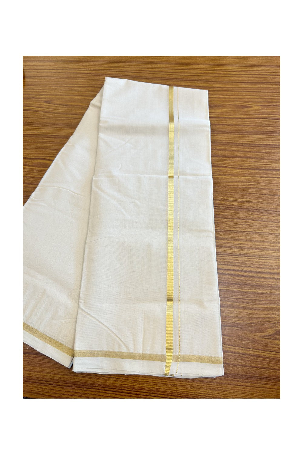 19% Discount !! KaithariKada HANDLOOM Millpaav Balaramapuram - 100% PURE Cotton Off white (Unbleached) Double Mundu/Dhoti - 1 inch Kasavu Kara - 1KK5082RAM