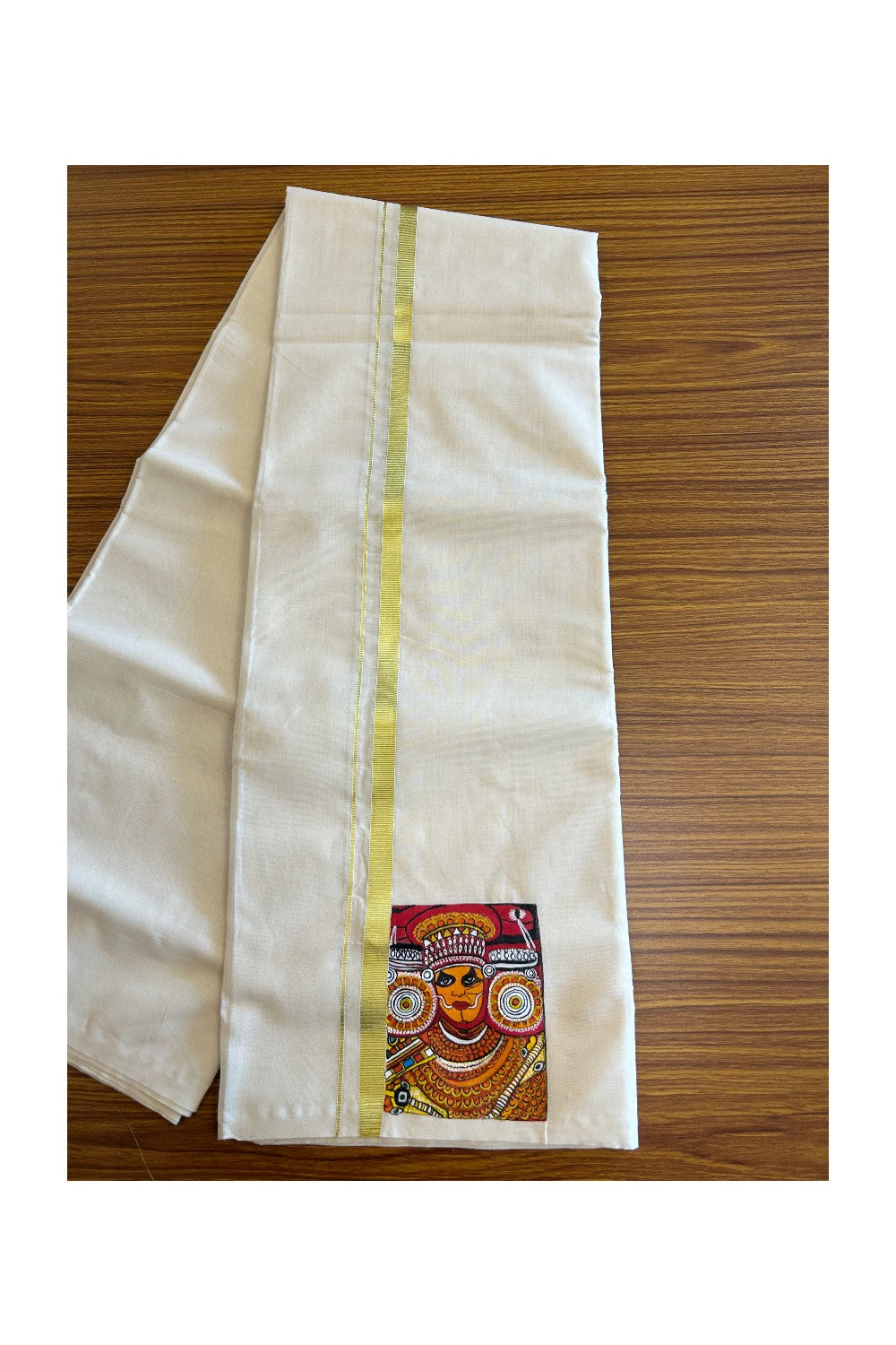 KaithariKada Balaramapuram 100% Cotton Double Off white - (Ubleached) Mundu/Dhoti-100x80 1 inch Kasavu & Hand Painted Theyyam Design Kara 3.70 meter- 1KK5083ASH