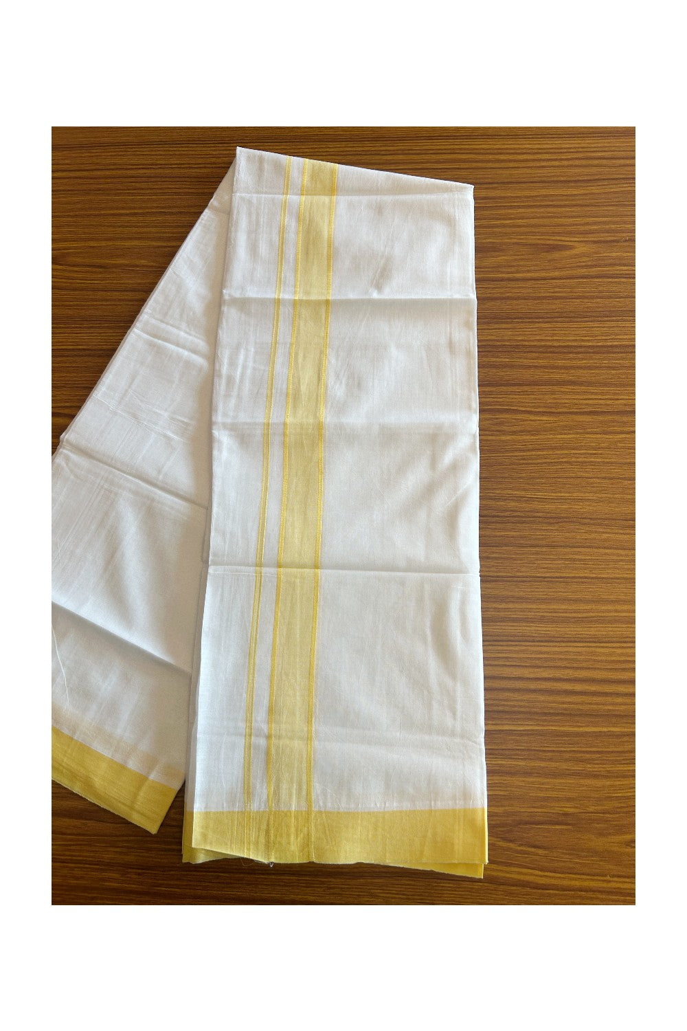 20% Discount !! Kaitharikada Balaramapuram 100% Cotton Pure WHITE Double Mundu/Dothi-100x80  2 Inch Yellow shaded kara - 1KK5085VIN