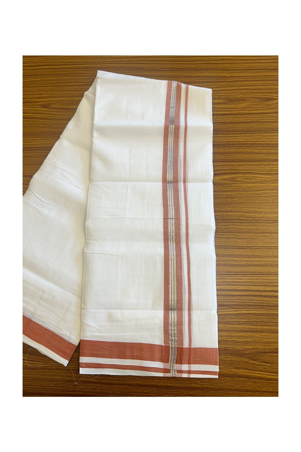 19% OFFER! KaithariKada 100% Cotton Balaramapuram HANDLOOM Double PURE WHITE Mundu/Dhoti - 1.75 inch Brick Red & Silver Kasavu Striped Kara - 1KK5086KK