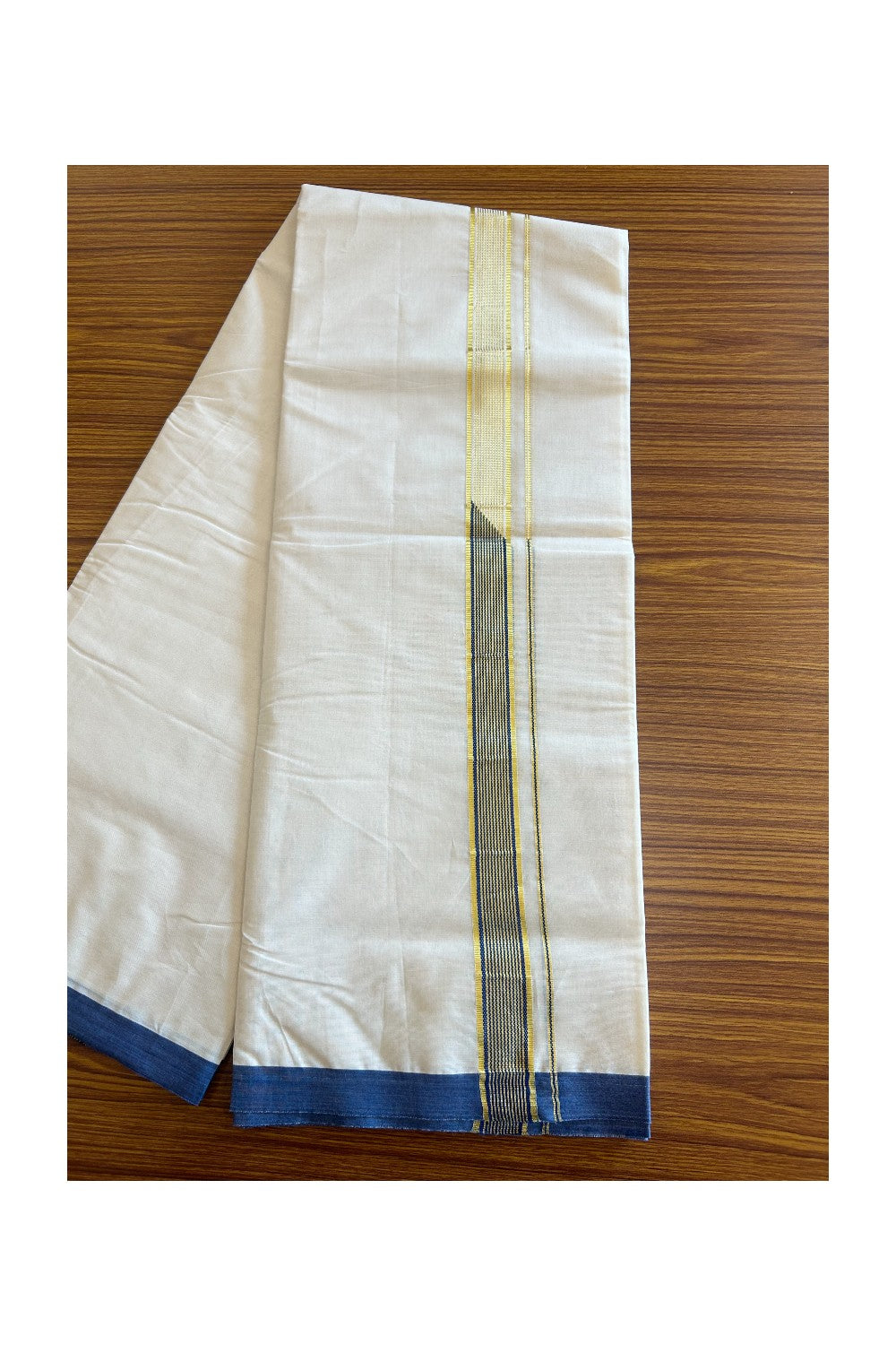 19% DISCOUNT! KaithariKada Balaramapuram 100% Cotton Double Off white - (Unbleached) Mundu/Dhoti-100x100 Chutty Heavy Designer Blue & Kasavu 1.25 inch Kara- 1KK5088ASH