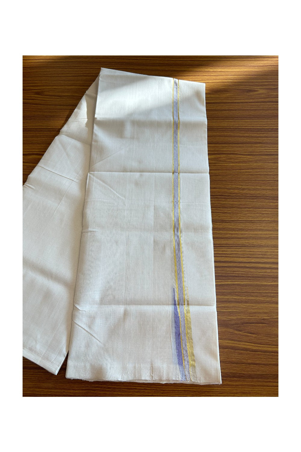 19% DISCOUNT!! KaithariKada HANDLOOM Unakkupaav Balaramapuram - 100% PURE Cotton OFF White Double - (Unbleached) Mundu/Dothi - 0.75 inch puliyilakkara Lavender & Gold Kasavu Chutty Kara- 1KK5089YAR