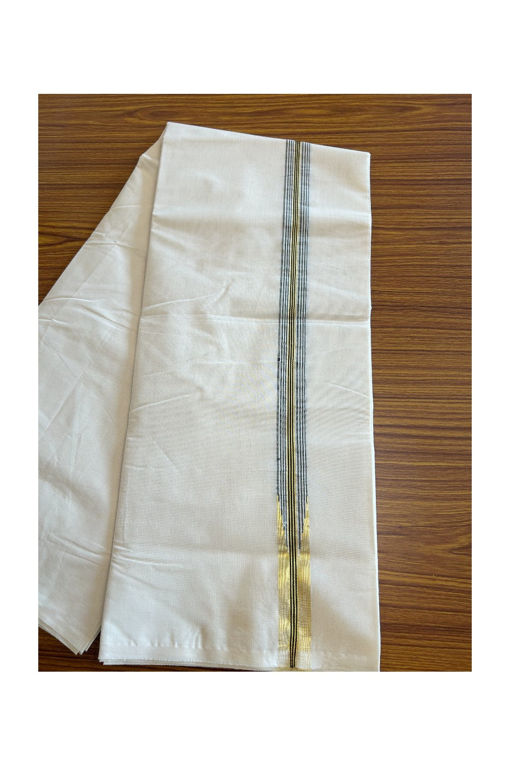 SHORT DHOTI SPECIAL! Kaitharikada.com - 26% Discount! Balaramapuram Double Off white - (Unbleached) Mundu/Dhoti - 100X100 - 1 inch Kara & 46 inches Height Puliyilakkara Chutty Gold Kasavu & Black Striped Kara - 1KK5090ASH