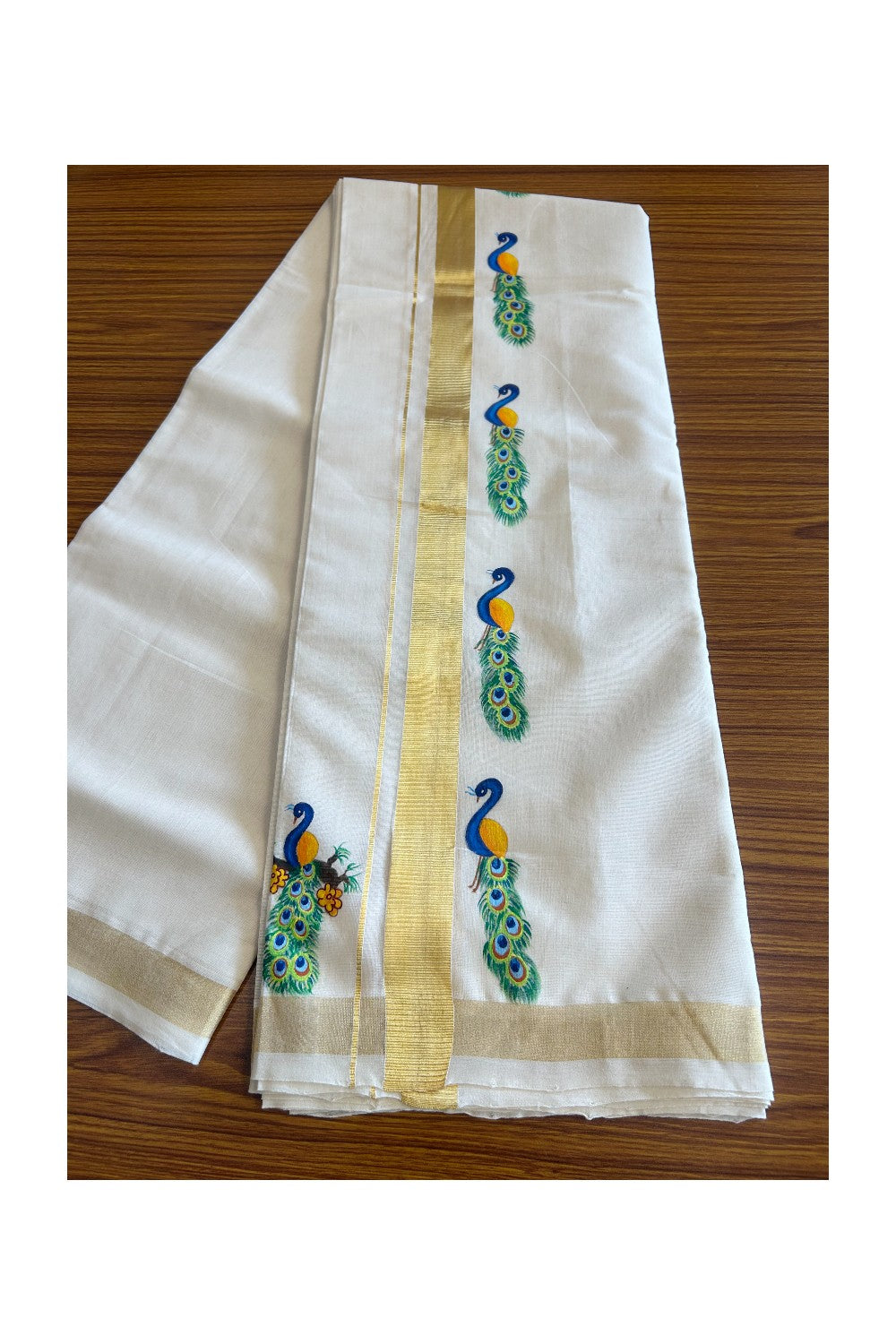 KaithariKada HANDLOOM Millpaav Balaramapuram - 100% PURE Cotton OFF White - (Unbleached) Double Mundu/Dothi - 1.75 Inch Kasavu kara Hand Painted Peacock Design - 1KK5091RAM