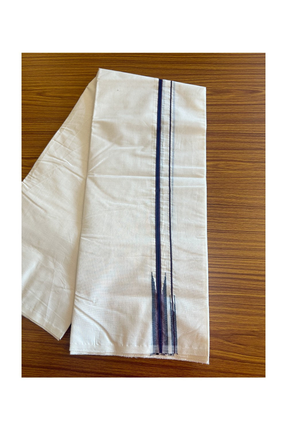 SHORT DHOTI SPECIAL! Kaitharikada.com - 19% Discount! Balaramapuram Double Off white - (Unbleached) Mundu/Dhoti - 100X100 - 1 inch Kara & 46 inches Height  Puliyilakkara Blue & Purple Double Chutty Kara - 1KK5093ASH