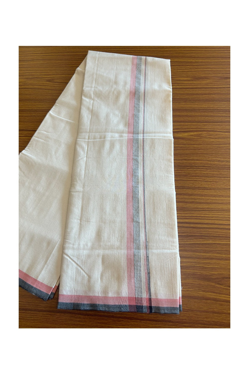 SIGNATURE KAITHARIKADA EXCLUSIVE SINGLE DHOTI - 100% Cotton Balaramapuram HANDLOOM Single Mundu/Dhoti - Off White -  (Unbleached) - 1 inch Pink Black & Silver KASAVU Striped Chutty Kara (2 meter / 4 muzham) - 1KK5094KAI