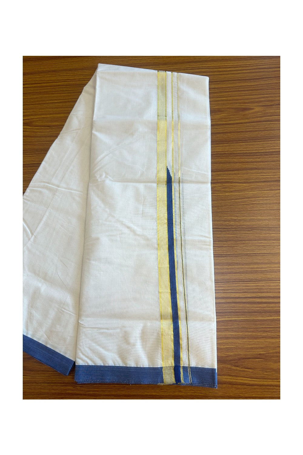 19% DISCOUNT! KaithariKada Balaramapuram 100% Cotton Double Off white - (Unbleached) Mundu/Dhoti-100x100 Chutty Heavy Designer Blue & Kasavu 1.5 inch Kara- 1KK5095ASH