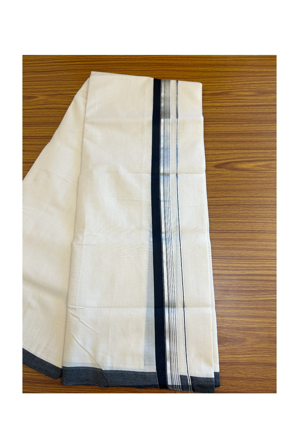 19% Discount! KaithariKada HANDLOOM UNAKKUPAAV Balaramapuram - 100% Cotton Double OFF White (Unbleached) - Mundu/Dhoti - 100x100 2.25 inch BLACK & Silver kasavu side Stripes Kara - 1KK5096YAR