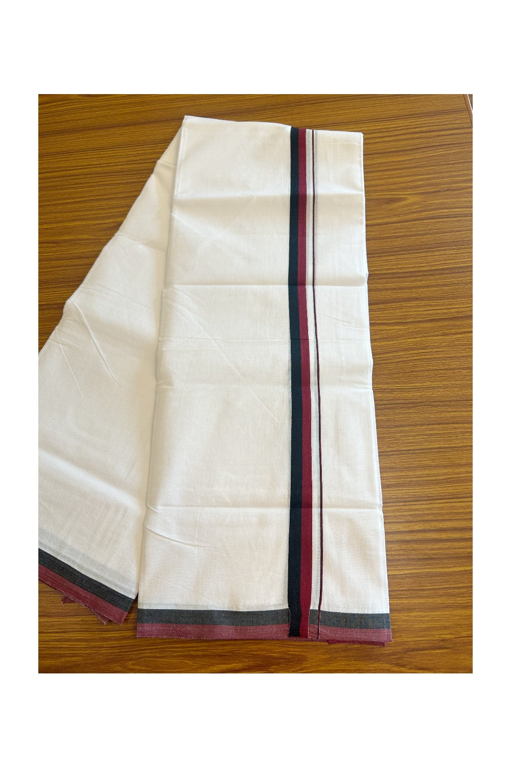 DMK Veshti - 19% DISCOUNT! KaithariKada 100% Cotton Pure white Double Mundu/Dhoti - 100X100 - 1.25 inch Black & Maroon kara - 1KK5102ASH