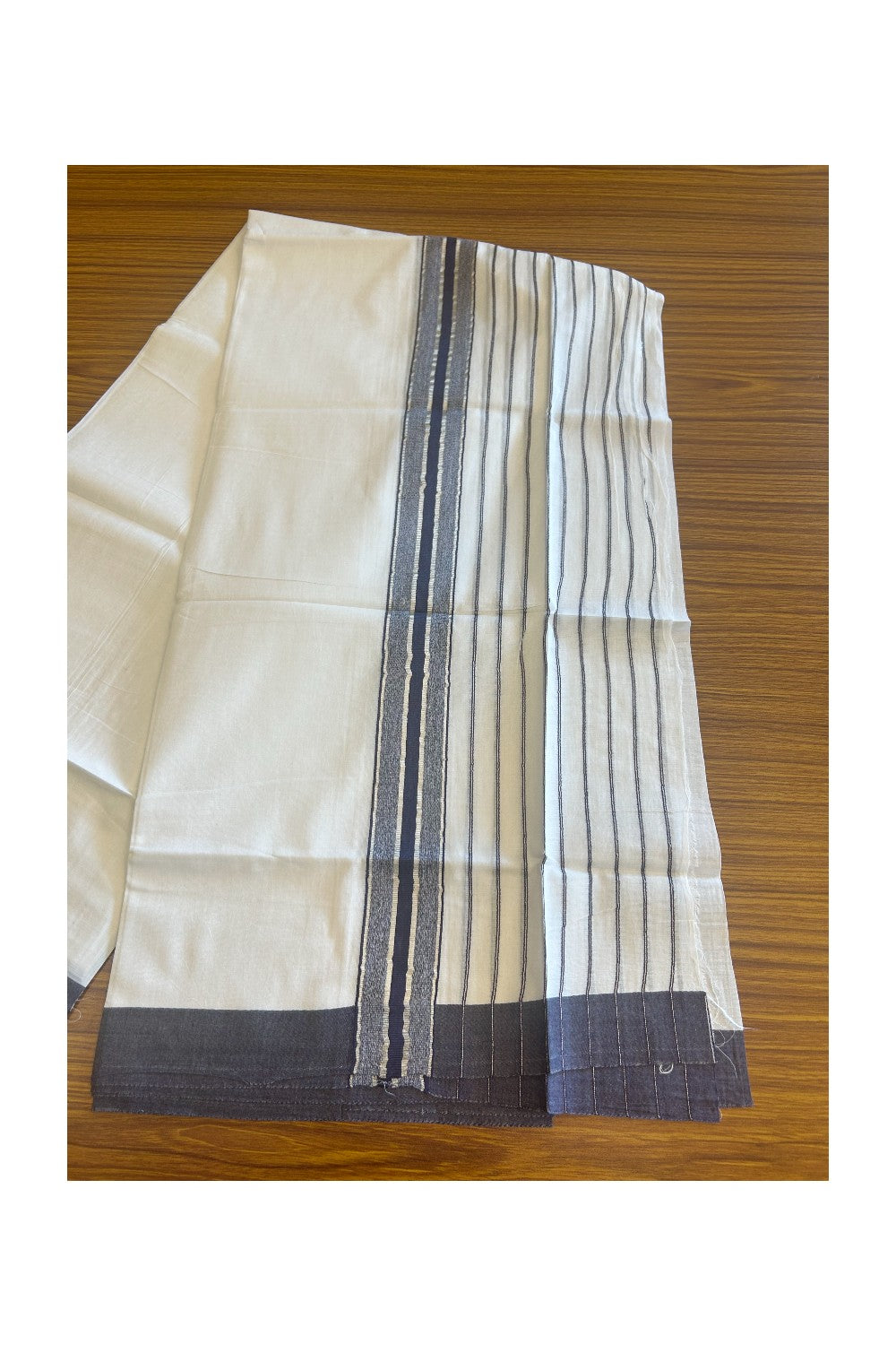 20% Discount !! KaithariKada Balaramapuram Double PURE WHITE Mundu/Dhoti- 100x80 - 7.75 inch Navy Blue & Silver Striped kara - 3.90 mtr - 1KK5112PMC