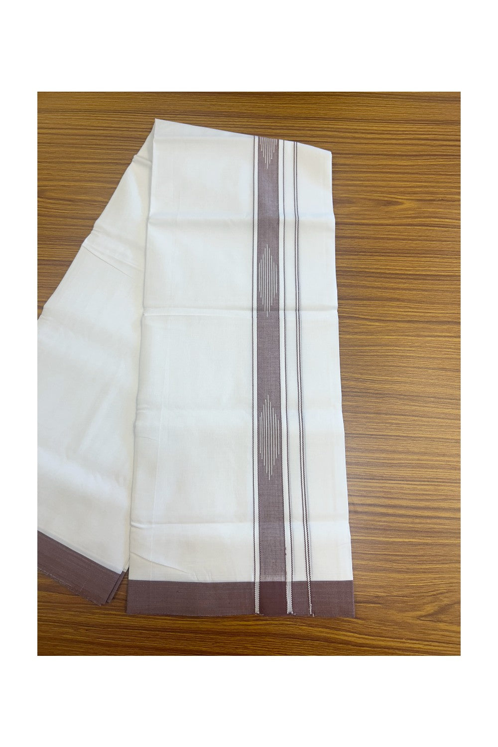 20% DISCOUNT! KaithariKada Balaramapuram 100% Cotton PURE WHITE Double Mundu/Dhoti-100x80 2.25 inch DARK BROWN shaded designer kara - 1KK5116MR