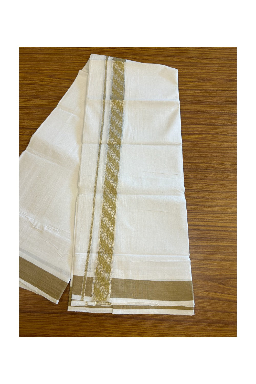 20% DISCOUNT! KaithariKada Balaramapuram 100% Cotton Double PURE white Mundu/Dhoti - 100x80 - 2 Inch Silver kasavu Sand Brown jacquard pattern Kara - 1KK5118PMC