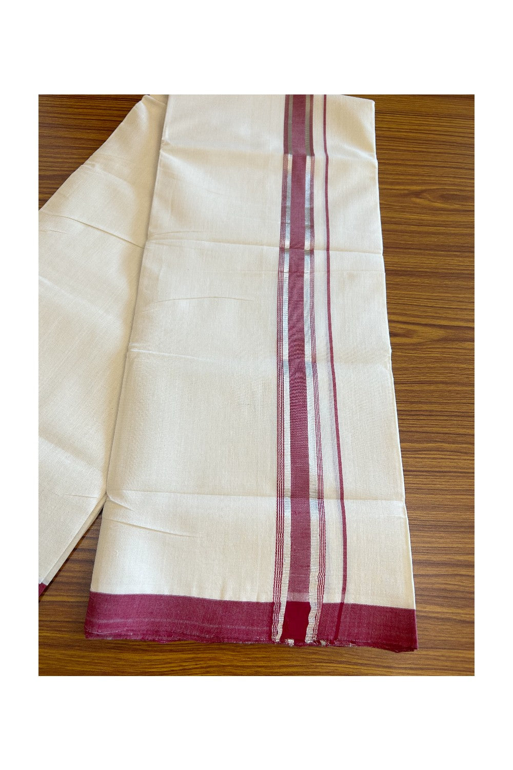 30% Discount! KaithariKada HANDLOOM MILLPAAV Balaramapuram - 100% Cotton Double OFF White (Unbleached) - Mundu/Dhoti - 100x100 2 inch Maroon & Silver kasavu side Stripes Kara - 1KK5119YAR