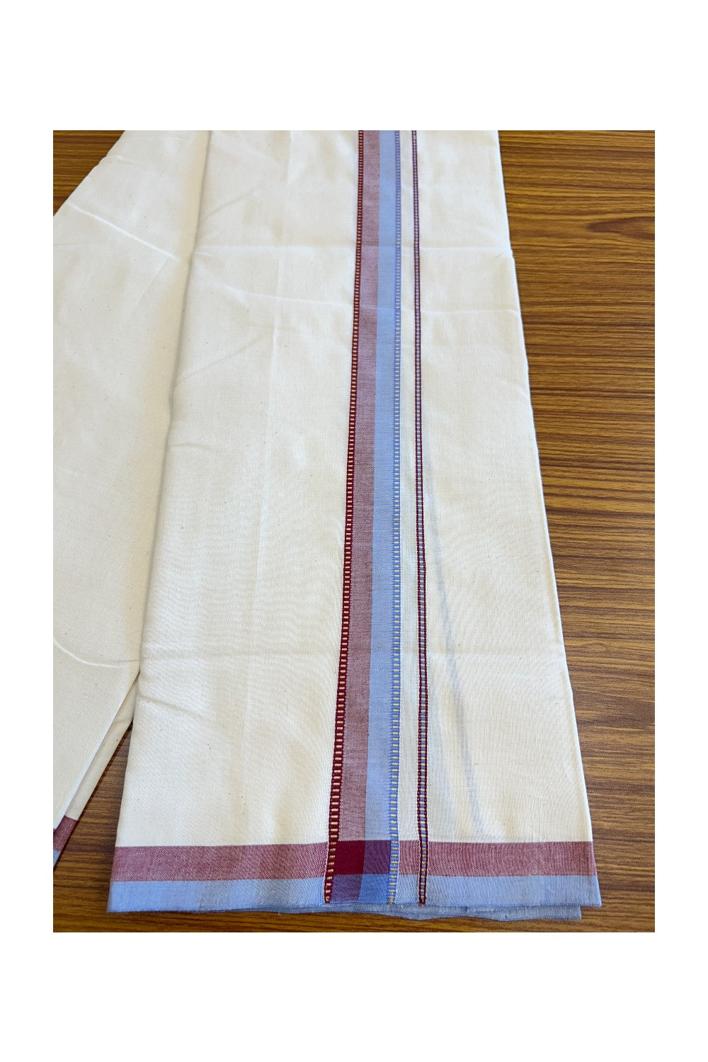 SIGNATURE KAITHARIKADA EXCLUSIVE SINGLE DHOTI - 30% Discount!!  100% Cotton Balaramapuram HANDLOOM Single Mundu/Dhoti - Off White - (Unbleached) 1.25 inch Lavender Blue & Maroon Kasavu Muthukuri Kara (1.75 meters /4 muzham) - 1KK5124KAI