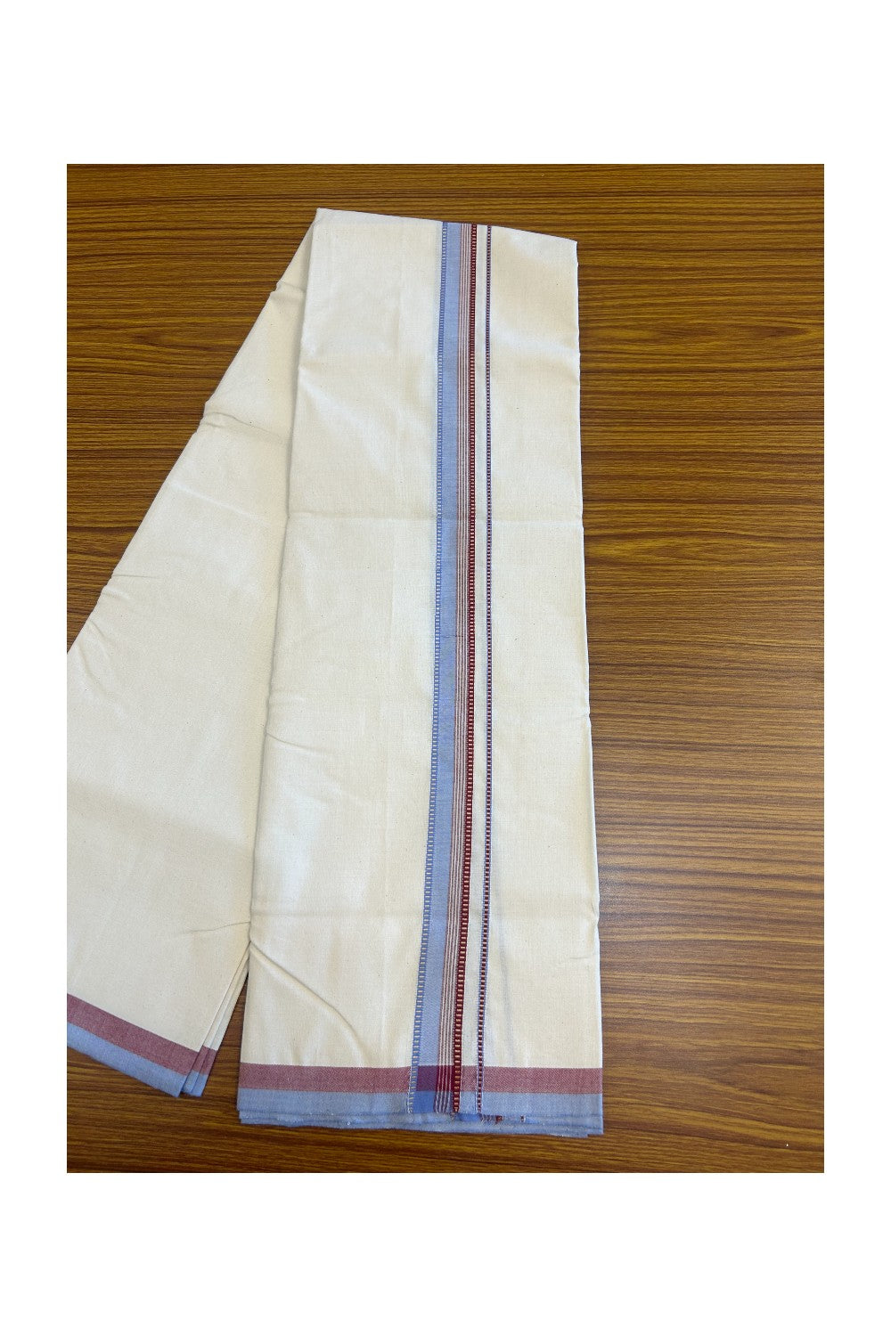 SIGNATURE KAITHARIKADA EXCLUSIVE SINGLE DHOTI - 30% Discount!!  100% Cotton Balaramapuram HANDLOOM Single Mundu/Dhoti - Off White - (Unbleached) 1 inch Lavender Blue & Maroon Kasavu Muthukuri white striped Kara (1.72 meters /4 muzham) - 7KK5131KAI